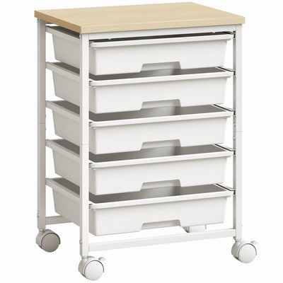 White 5-drawer kitchen storage trolley with a maple-effect top on 4 castors