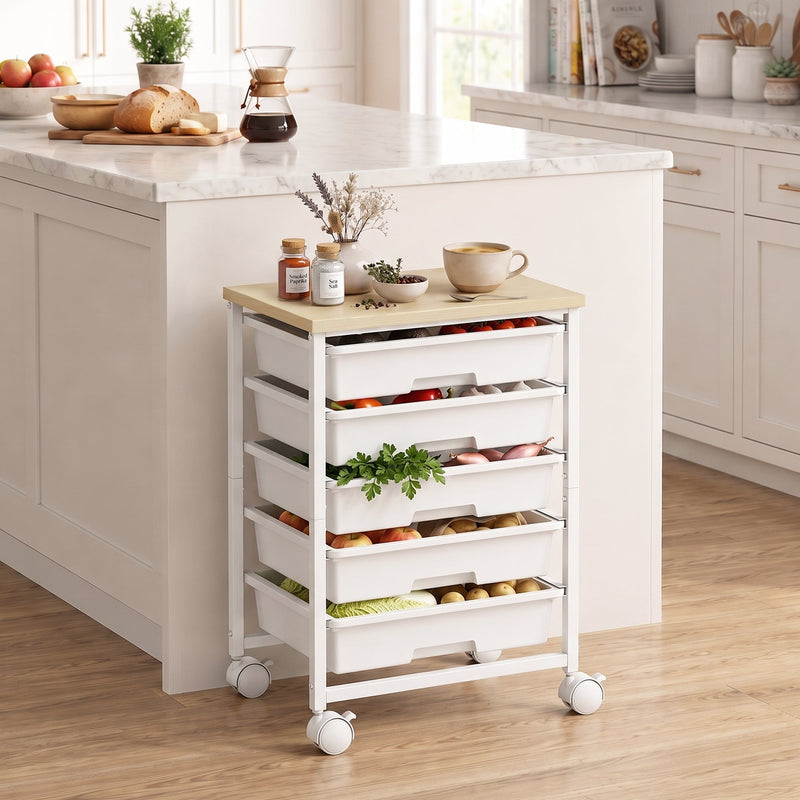 Trolley beside a marble kitchen island with fruit and vegetables in its drawers