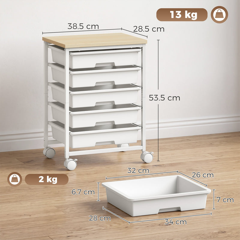 Dimensions diagram showing the trolley at 38.5 x 28.5 x 53.5 cm and drawer sizes