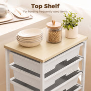 Close-up of the maple-effect top shelf holding stacked bowls and a storage jar