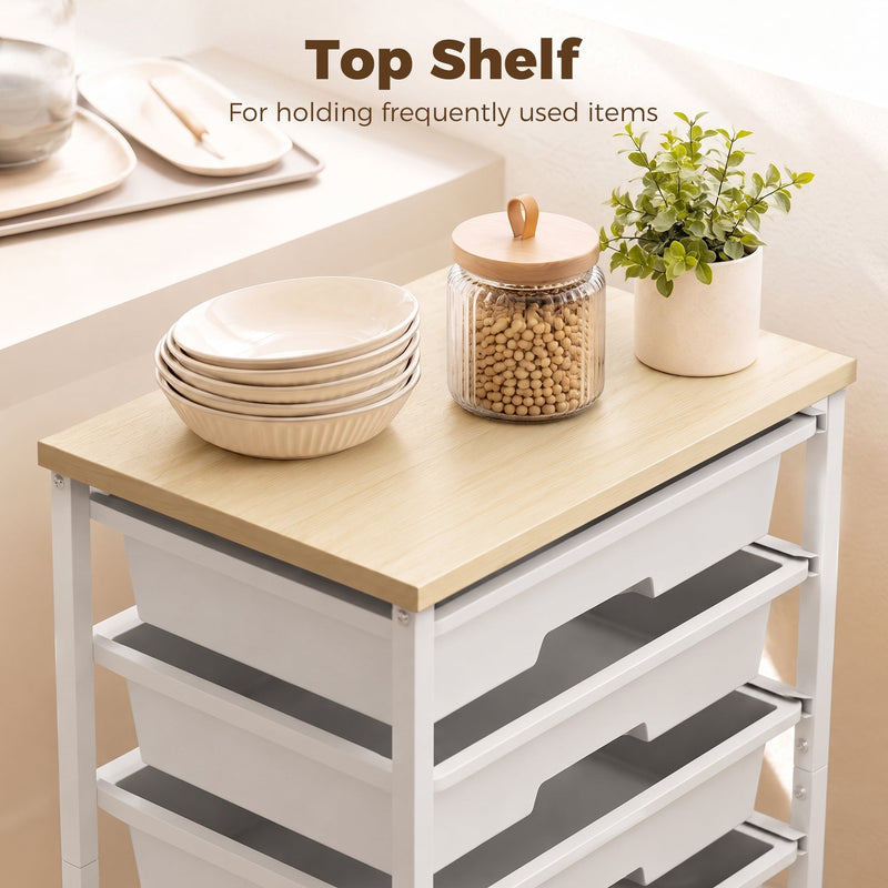 Close-up of the maple-effect top shelf holding stacked bowls and a storage jar