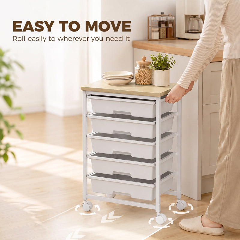 Person rolling the trolley across a kitchen floor on its swivel castors