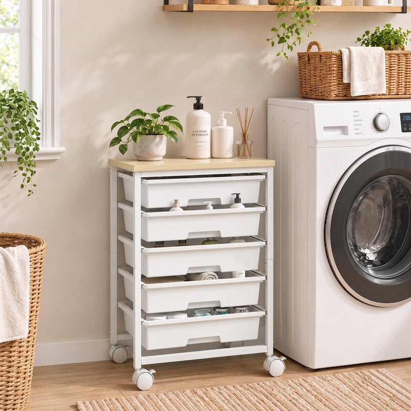 Trolley in a laundry room next to a washing machine holding detergent bottles