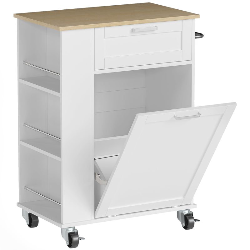 Homcom white kitchen storage trolley with tilt-out bin cabinet door open
