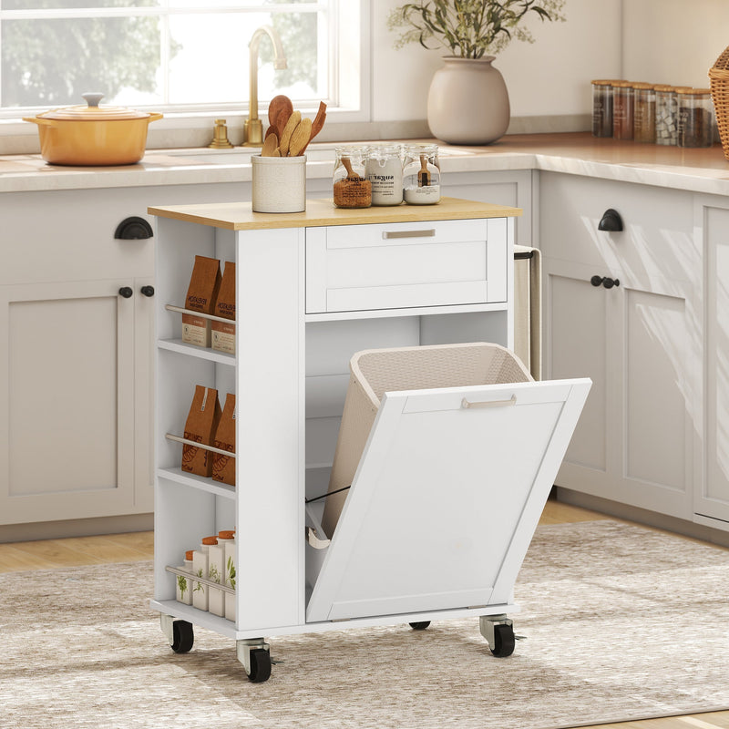White kitchen trolley styled in a kitchen with shelving stocked with jars and spices