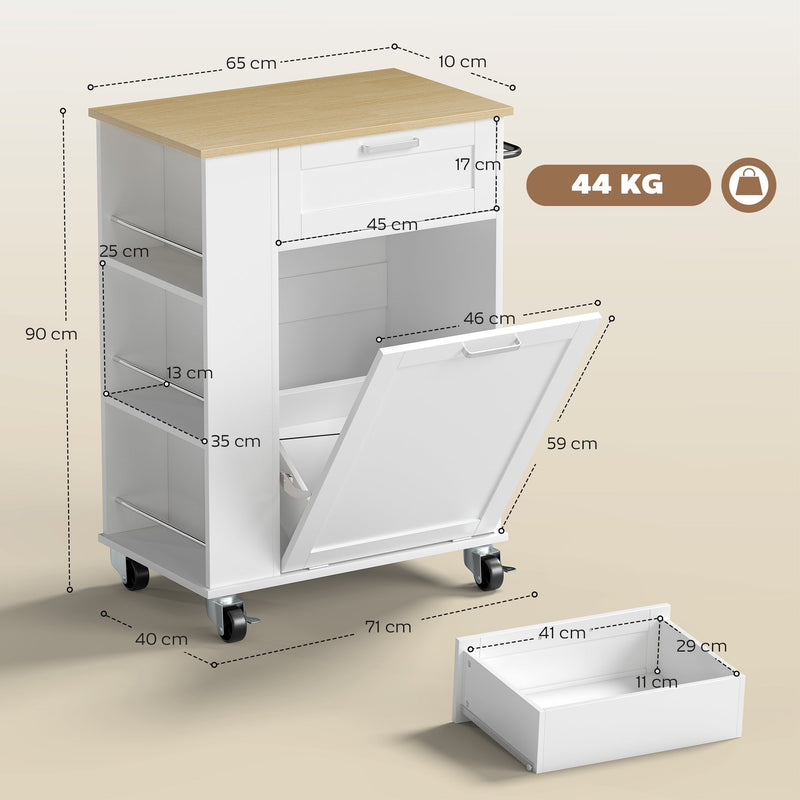 Dimension diagram of the kitchen trolley showing 71W x 40D x 90H cm and drawer sizes