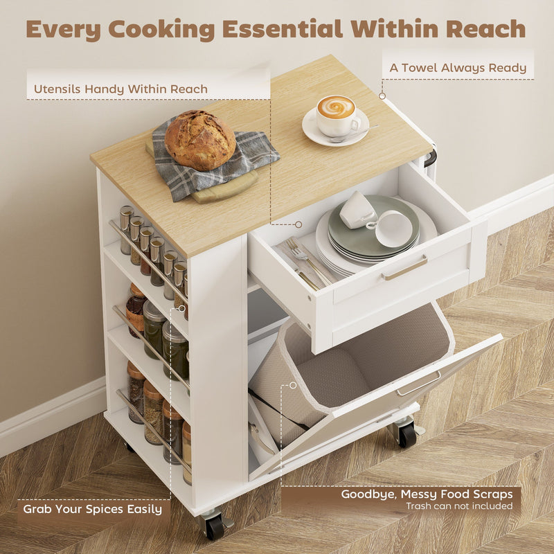 Labelled view of the spice rack, drawer, towel rail and tilt-out cabinet in use
