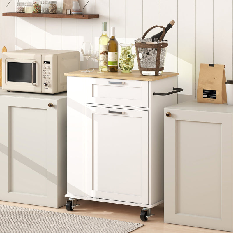 White kitchen trolley styled between cabinetry with wine glasses and bottles on top