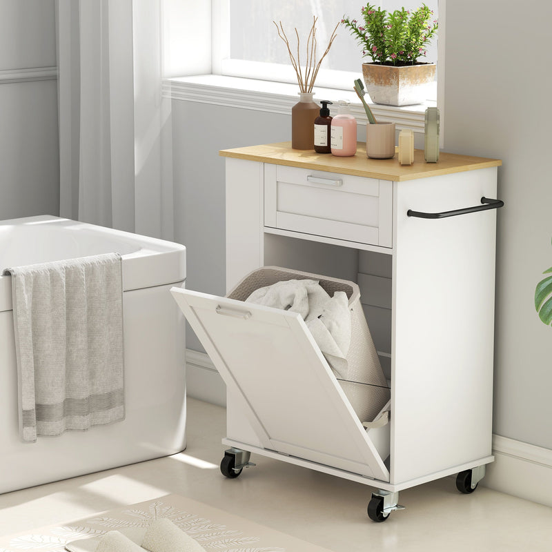 White trolley used in a bathroom beside a bathtub with the tilt-out cabinet open for laundry