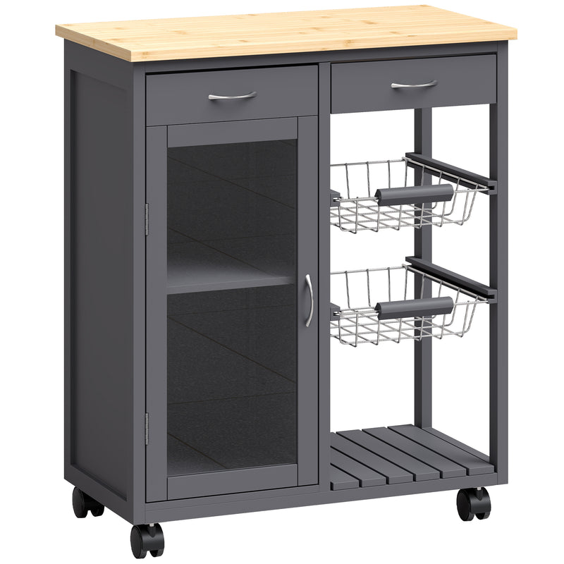 Front view of the grey kitchen trolley with bamboo worktop