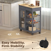Close-up of the adjustable shelf and cabinet on the kitchen trolley