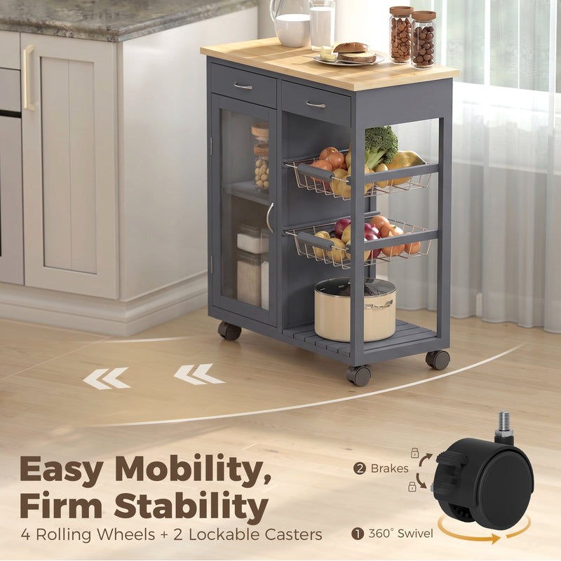 Close-up of the adjustable shelf and cabinet on the kitchen trolley
