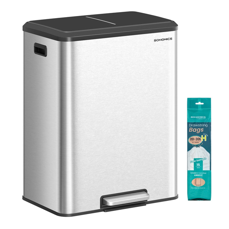 Stainless steel dual-compartment kitchen bin next to a pack of matching drawstring bin bags