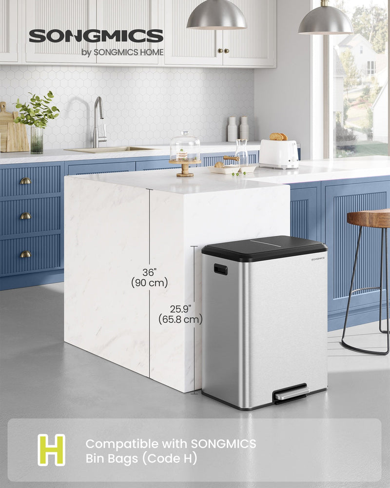 Kitchen bin shown at 65.8cm tall beside a kitchen island for scale, compatible with Code H bin bags