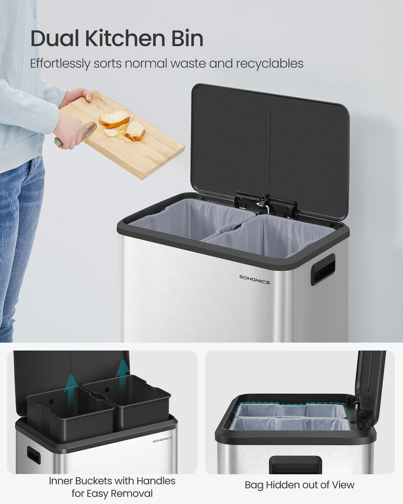 Open lid revealing two removable inner buckets with handles and hidden bin bags