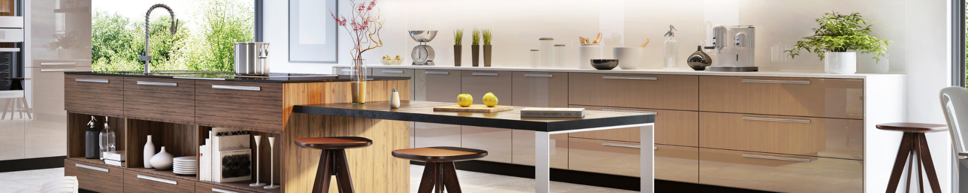 Modern kitchen with wooden cabinets, black countertops, and stainless steel appliances.