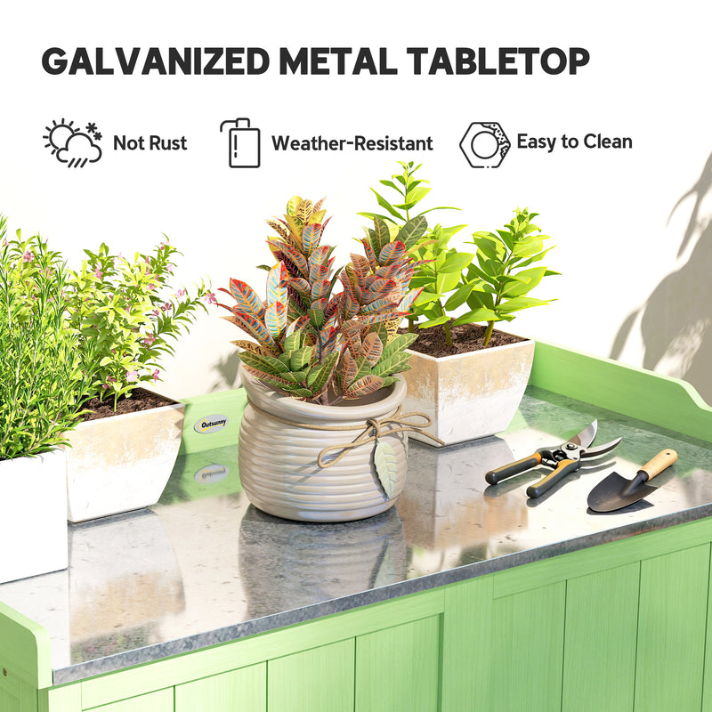 Wooden Garden Storage Cabinet With Galvanised Worktop and Shelves for Outdoor Tools Green Outsunny