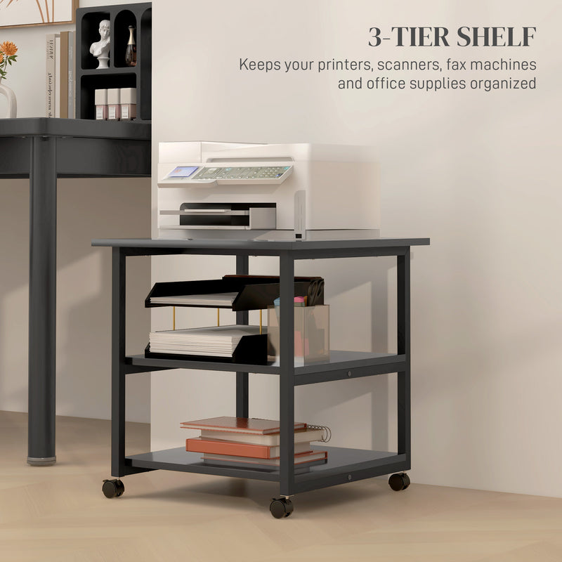 Three Tier Steel Printer Stand on Wheels for Home Office Storage, Black
