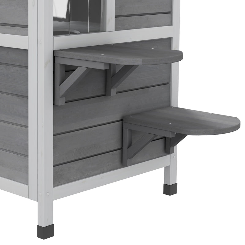 2 Storey Wooden Outdoor Cat House With Escape Door And Roof Access, Grey