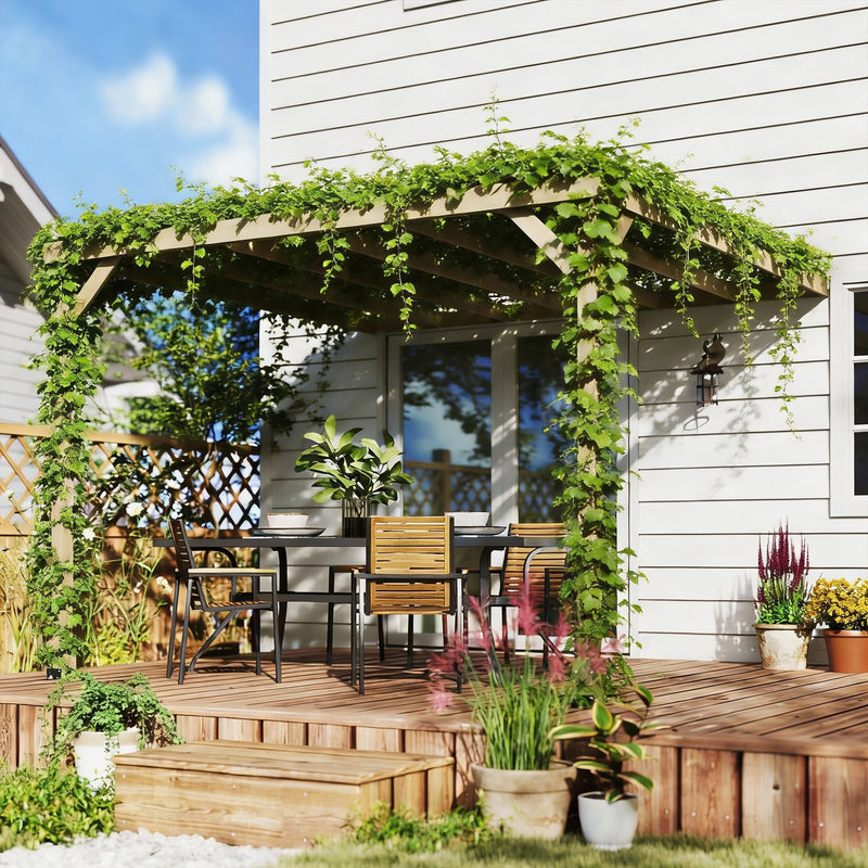 Wooden Lean To Pergola Kit With Concrete Anchors For Garden Patio Shade Light Brown AOSOM