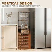Slim Wine Rack for Small Spaces with Bottle and Glass Storage Rustic Brown Black Homcom