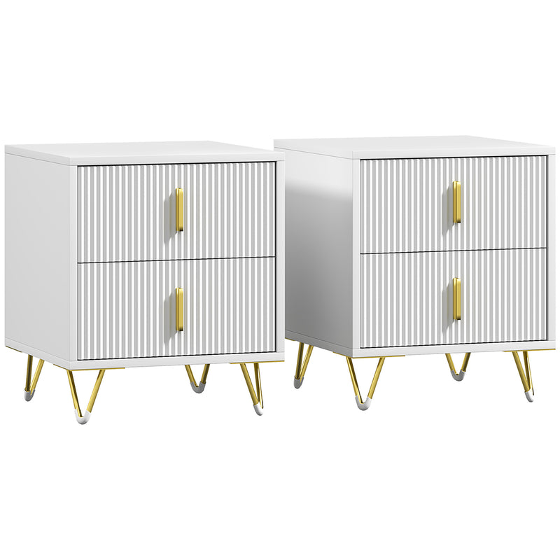 Set of 2 Two Drawer Bedside Chests with Ample Storage for Bedroom White and Gold