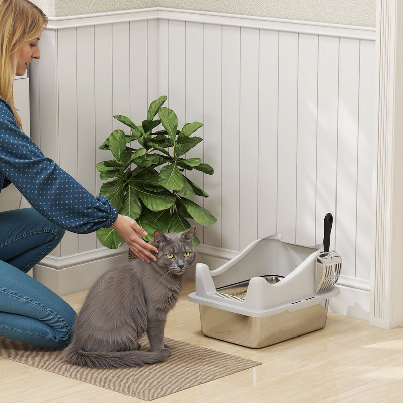 Stainless Steel Cat Litter Box With High Sides and Scoop For Easy Cleaning, Silver