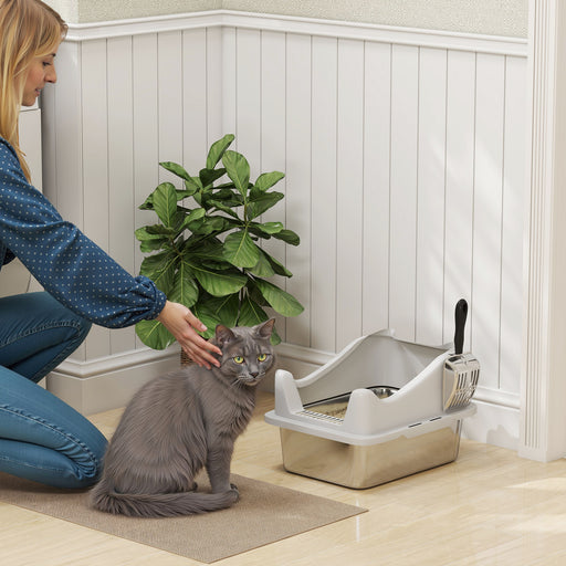 Stainless Steel Cat Litter Box With High Sides and Scoop For Easy Cleaning, Silver
