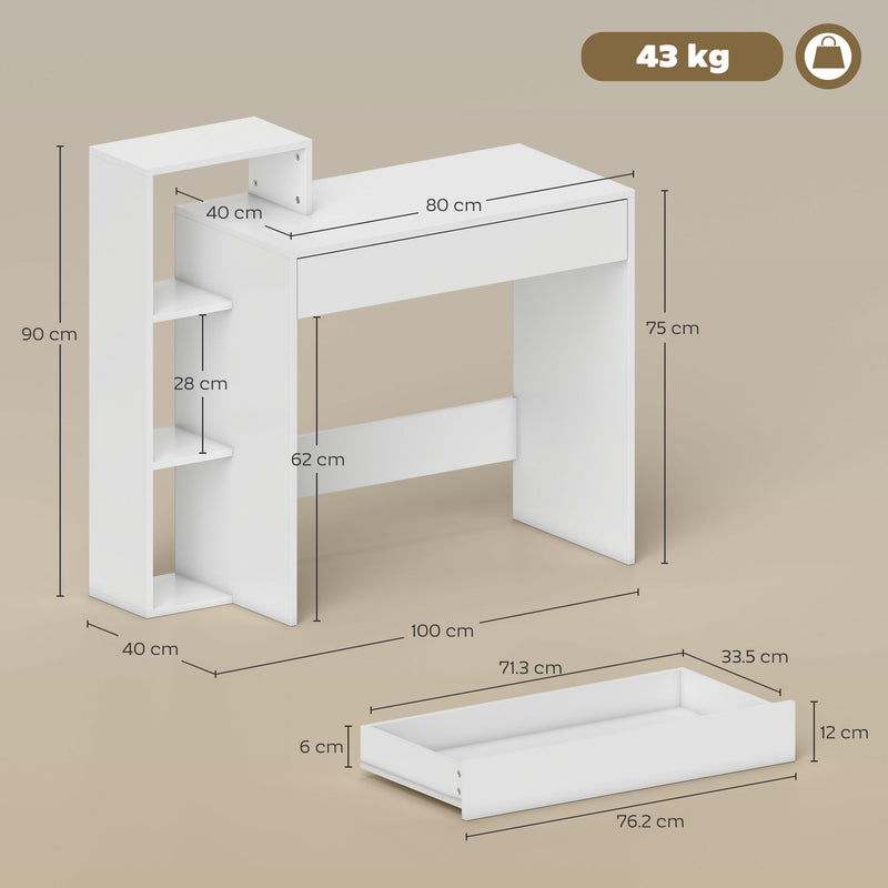 Compact Computer Desk with Shelves and Drawer for Small Spaces White AOSOM