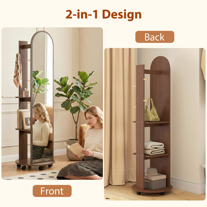 Full Length Mirror with Shelves and Hooks for Bedroom Storage on Wheels Brown Wood Effect Homcom