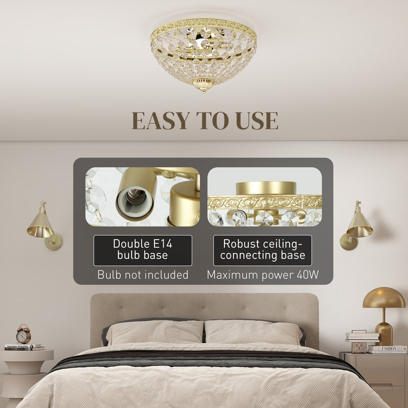 2 Light Flush Mount Crystal Chandelier with 168 Beads for Living Room or Bedroom, Gold Tone