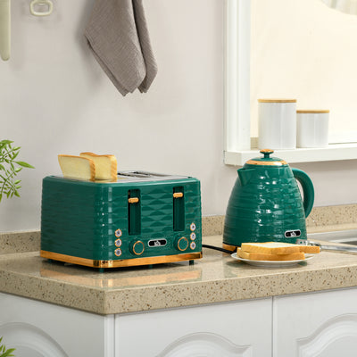 3000W Fast Boil Kettle and 4 Slice Toaster Set With Crumb Tray and Browning Control Green