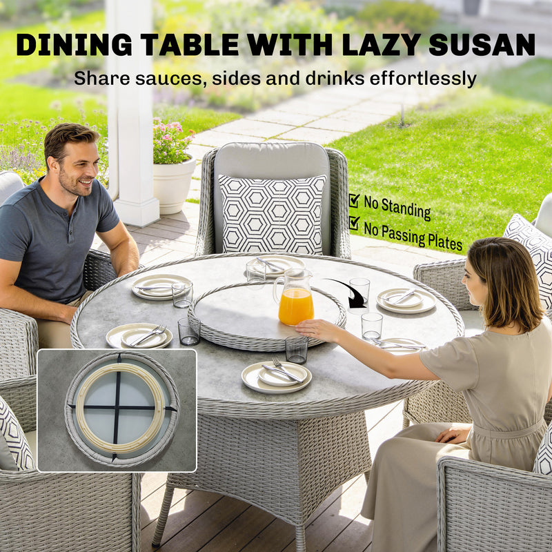 Rattan Garden Dining Set for 6 with Lazy Susan and Cushions for Easy Outdoor Meals Grey