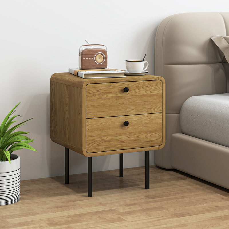 Bedside Table with Two Drawers and Steel Legs for Bedroom Storage Oak