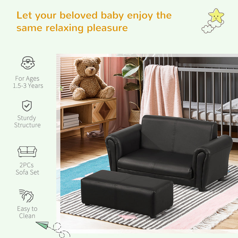 2 Seater Kids Sofa Bed with Footstool Perfect for Toddlers and Children, Black