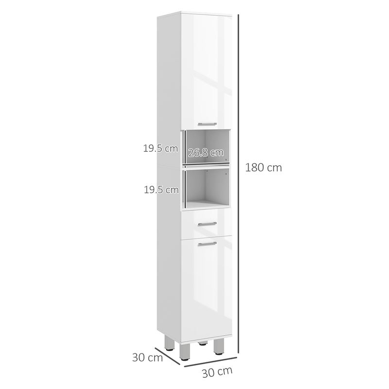 Tall Slim Bathroom Storage Cabinet With Adjustable Shelves And Drawer, High Gloss White