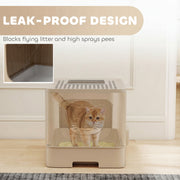 Foldable Cat Litter Box with Lid and Pull Out Drawer for Easy Cleaning Khaki AOSOM