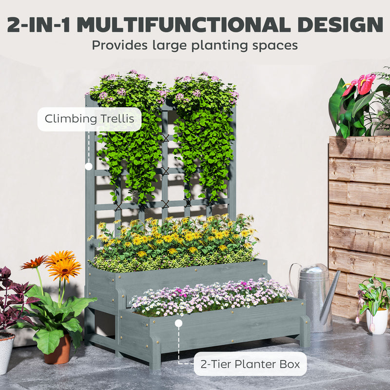 Grey 2 Tier Raised Garden Bed with Trellis Wooden Planter Box for Climbing Plants by Outsunny