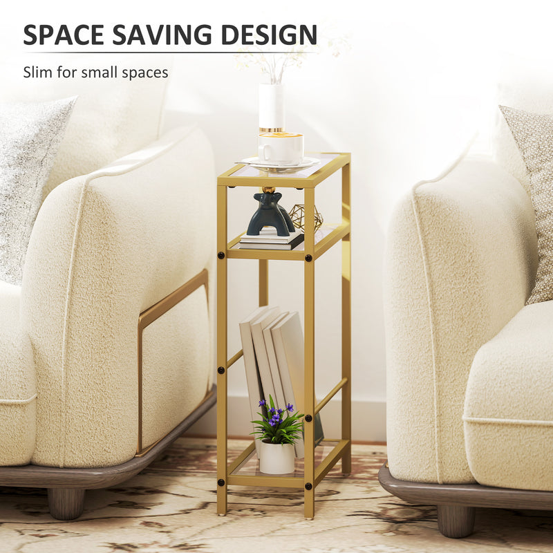 Gold 3 Tier Narrow Side Table with Glass Top and Storage Shelf for Small Spaces by Homcom