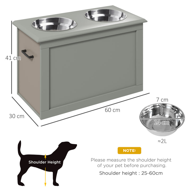 Elevated Dog Feeder With Storage Compartment And Two Stainless Steel Bowls, Grey