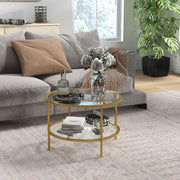 Gold Round Glass Coffee Table with Storage and Steel Frame for Modern Living Room Decor