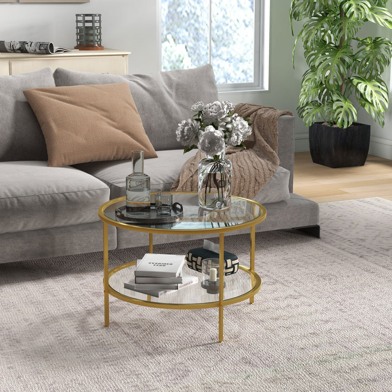 Gold Round Glass Coffee Table with Storage and Steel Frame for Modern Living Room Decor
