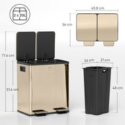 40L Dual Compartment Stainless Steel Recycling Bin with Deodorisers Gold Tone by Homcom