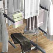 Folding Clothes Airer with Three Shelves and Side Arms on Wheels for Indoor Use, Grey