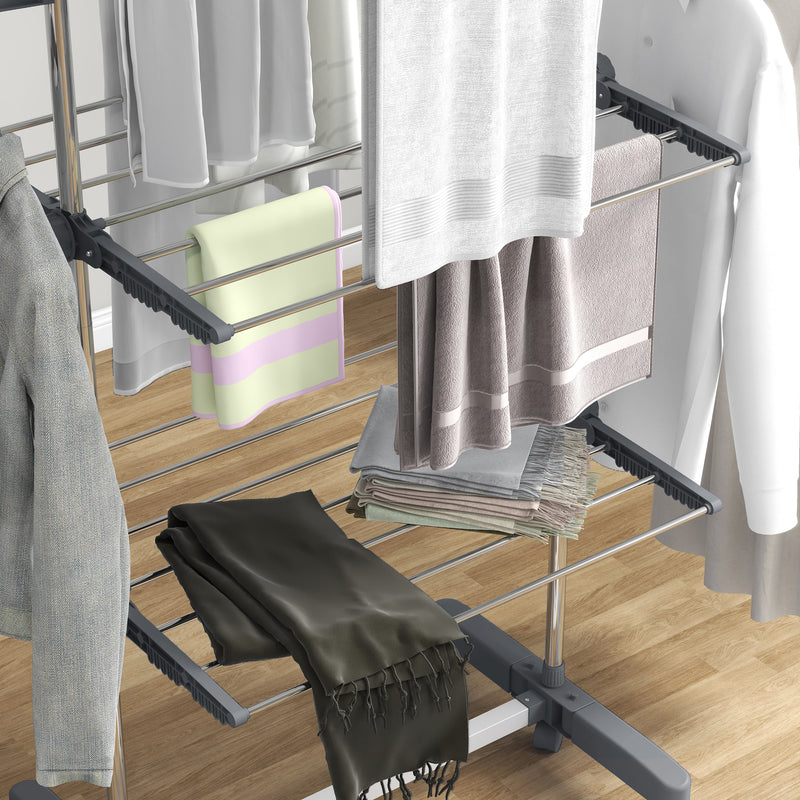 Folding Clothes Airer with Three Shelves and Side Arms on Wheels for Indoor Use, Grey