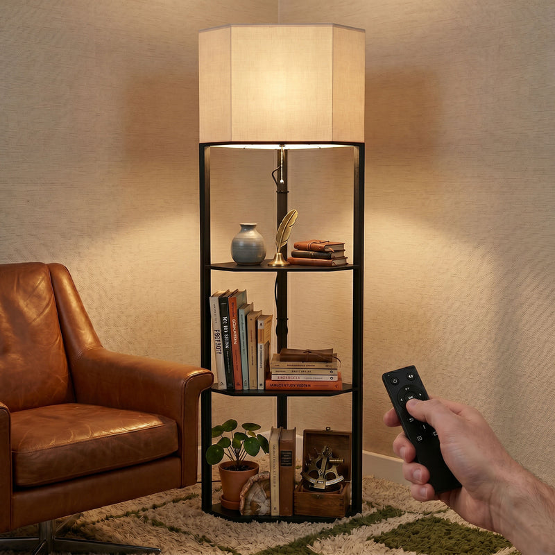 Floor Lamp with Shelves for Extra Storage and Adjustable Lighting Black Beige