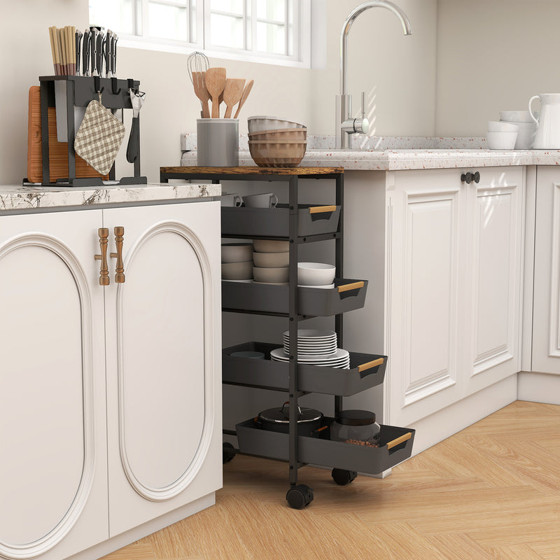 5 Tier Rolling Storage Trolley With Removable Drawers For Home Or Office, Black