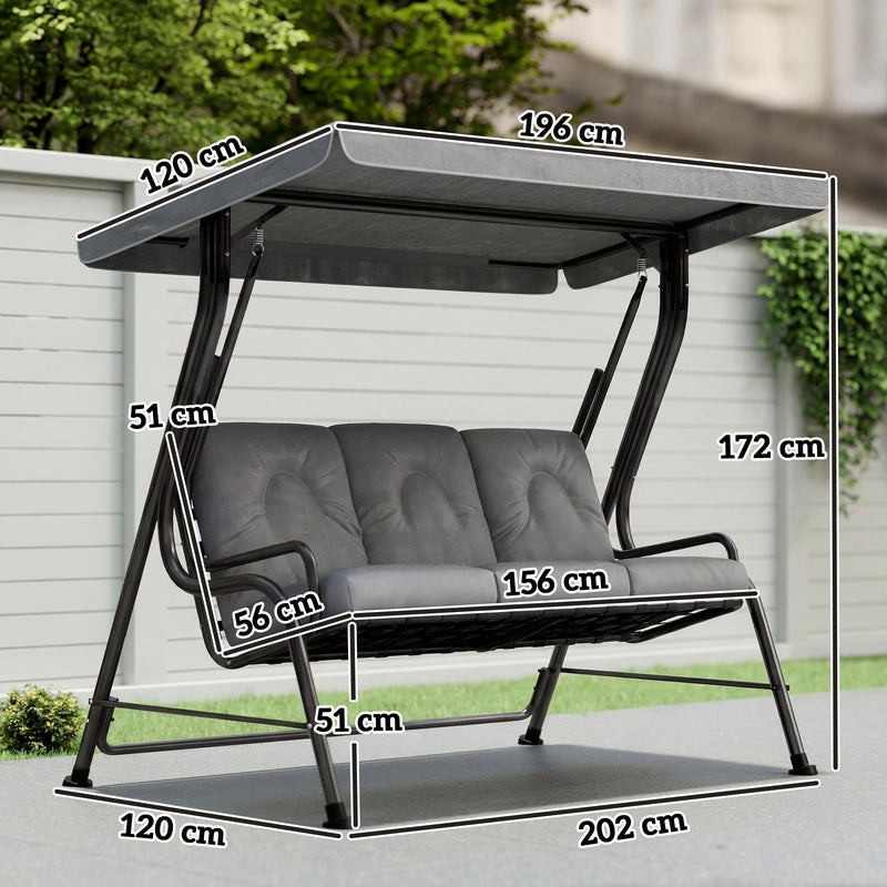 3 Seater Garden Swing Chair with Adjustable Canopy and Thick Cushions Light Grey Outsunny