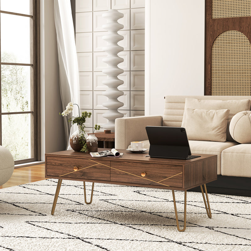 Modern Coffee Table with Gold Hairpin Legs and Drawers for Living Room 100cm by HOMCOM
