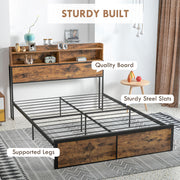 King Size Industrial Bed Frame With Storage Headboard And Slatted Base Rustic Brown